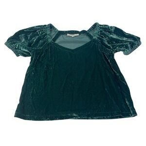 Loft Emerald Velvet Puff Sleeve V-Neck Top Women's Size S Holiday Party